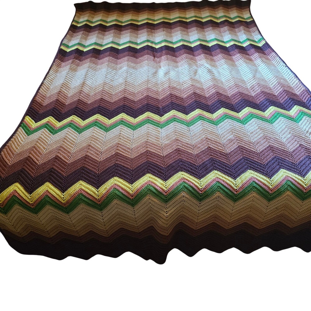 GROOVY!  Vintage 1970s Hand Crochet Afghan Blanket Throw Chevron 50"x 89" Ripple